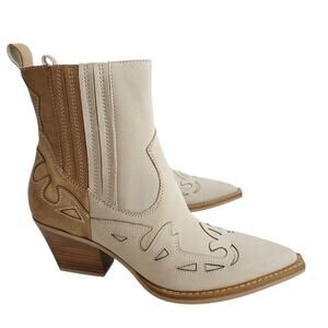 Dolce Vita Cream Beige Tan Decorative Stitch Leather Western Ankle Boots Sz 9.5